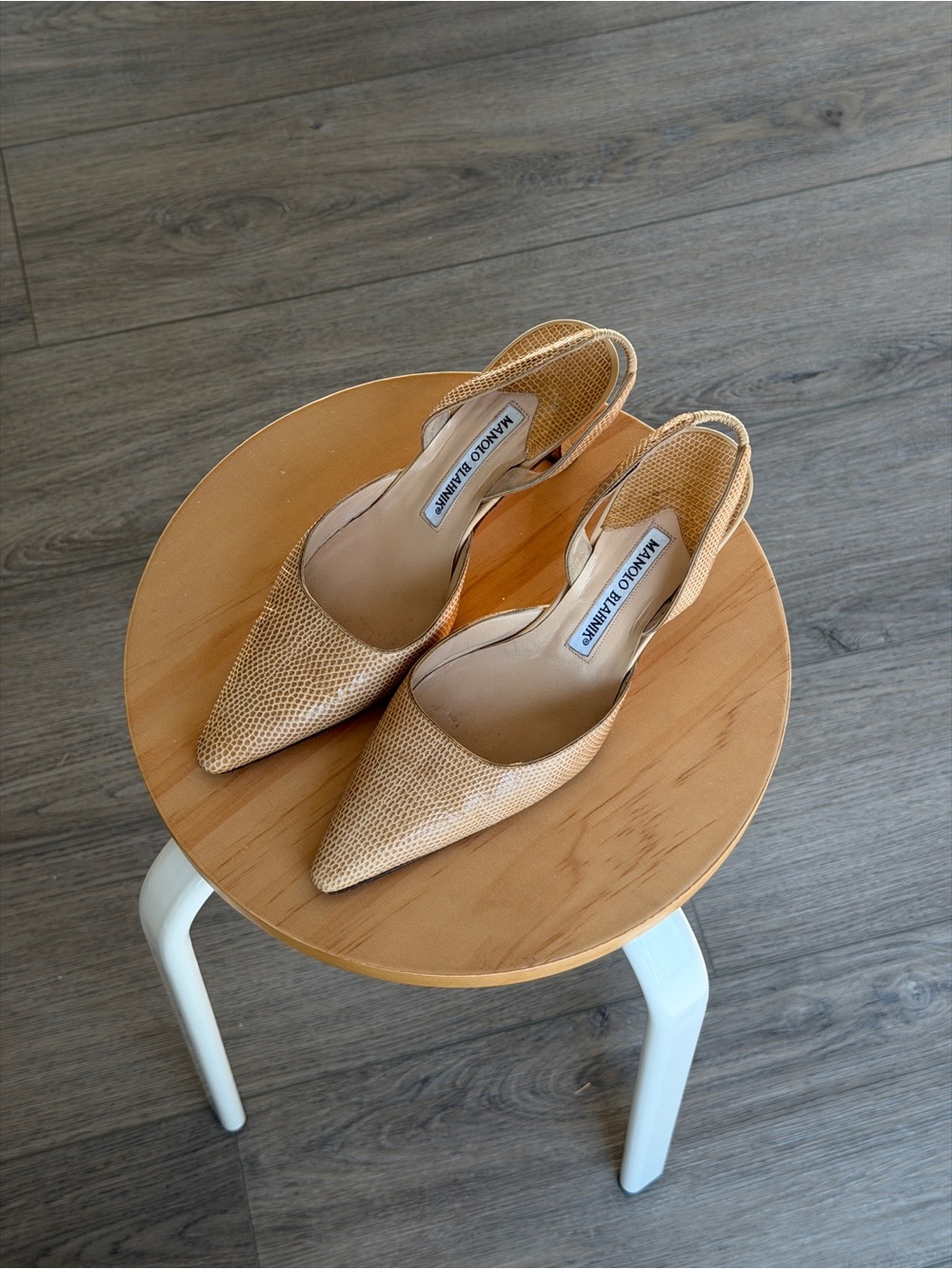 Vintage Manolo Blahnik Tan Textured Pointed-Toe Slingback Flats